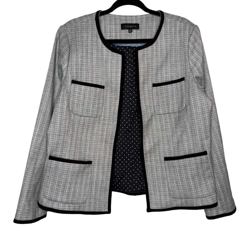 NWOT Talbots Womens 14 Black White Tweed Collarless Blazer Jacket Trim Detail